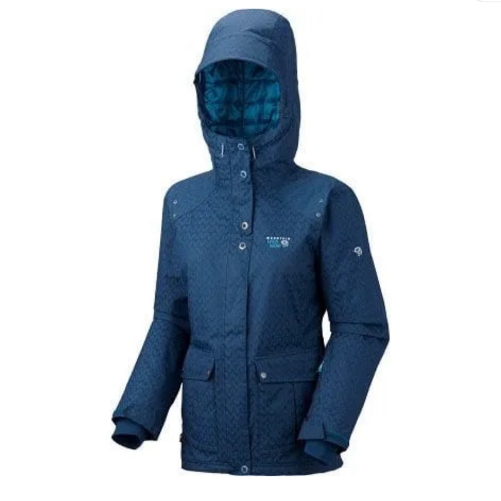 Mountain Hardwear Miss Snow it All Blue hooded winter Ski Jacket DryQ gaiter med